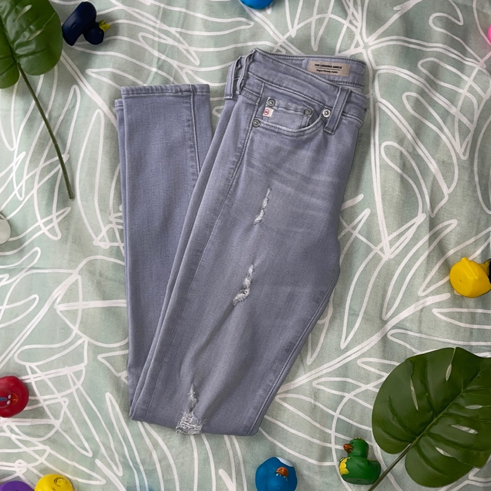 AG super skinny ankle, gray washed, ripped jeans